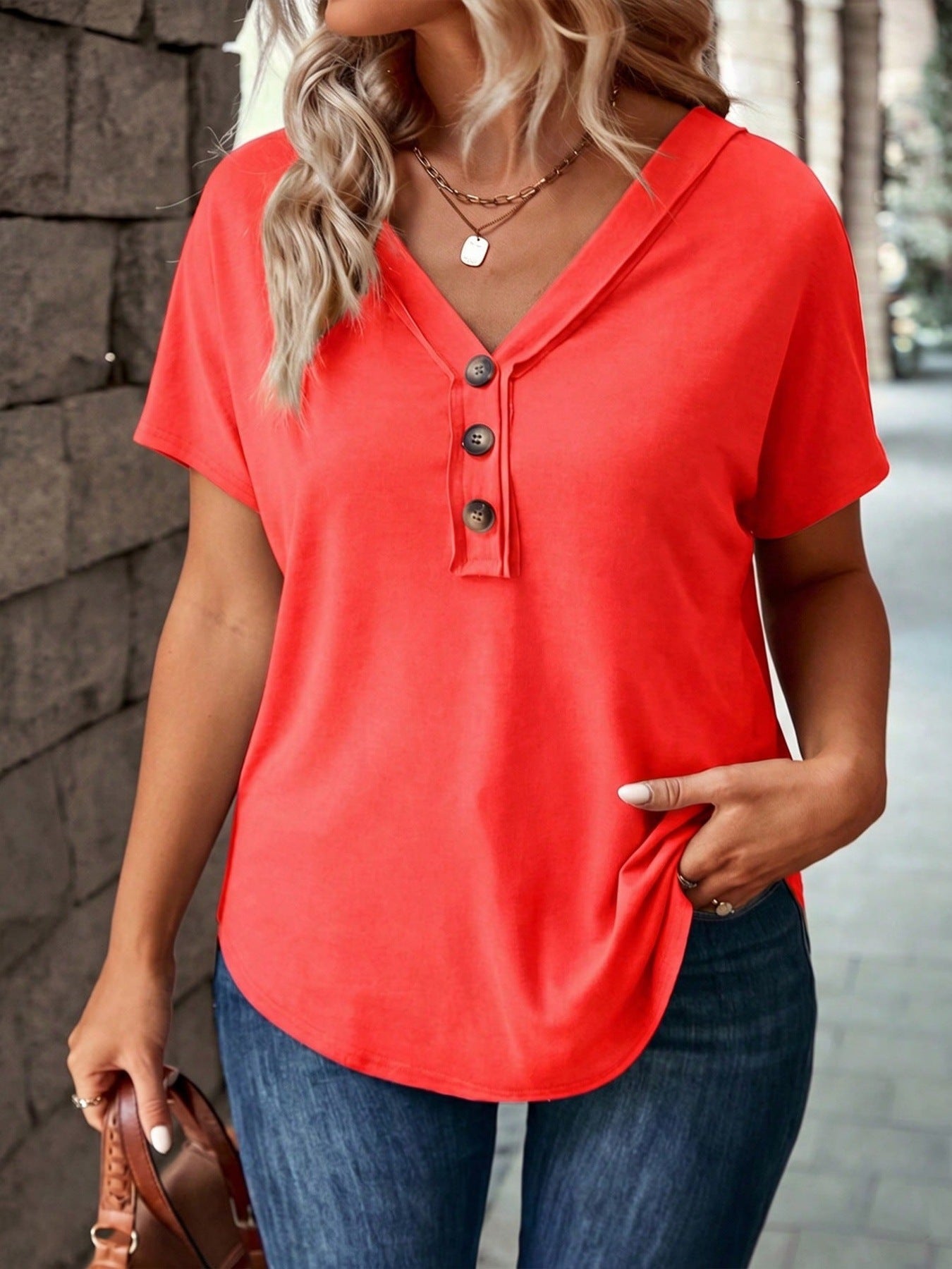 Womens Fashion V-neck Simple Three-button Solid-color Short Sleeve