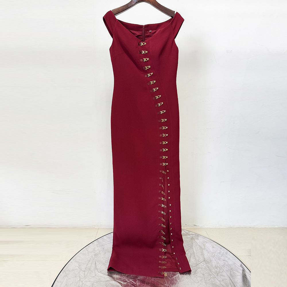 Metal Button-front Slit-fit Dress