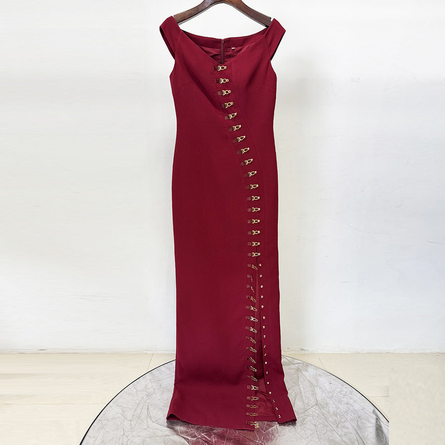 Metal Button-front Slit-fit Dress