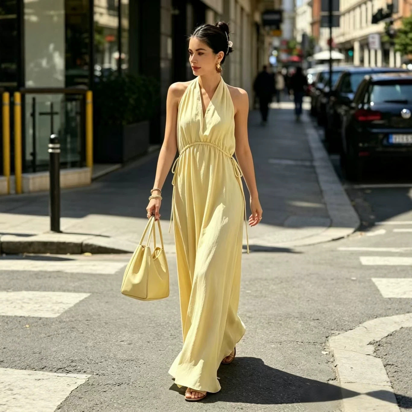 Halter Neck V Neck Waist Cinched Sleeveless Maxi Dress In A Vacation Style