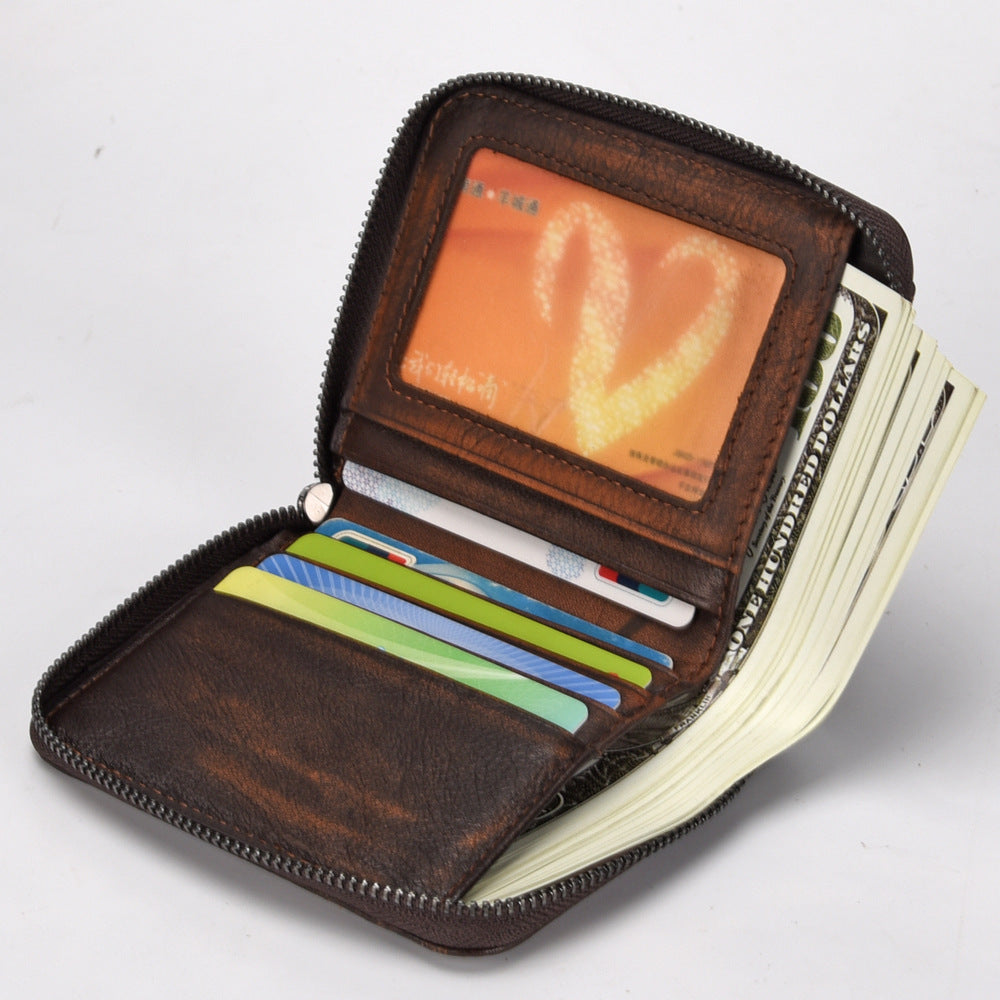 Men'S Short Head Leather Wallet Men'S Retro Wallet Vertical Zipper Leisure Youth