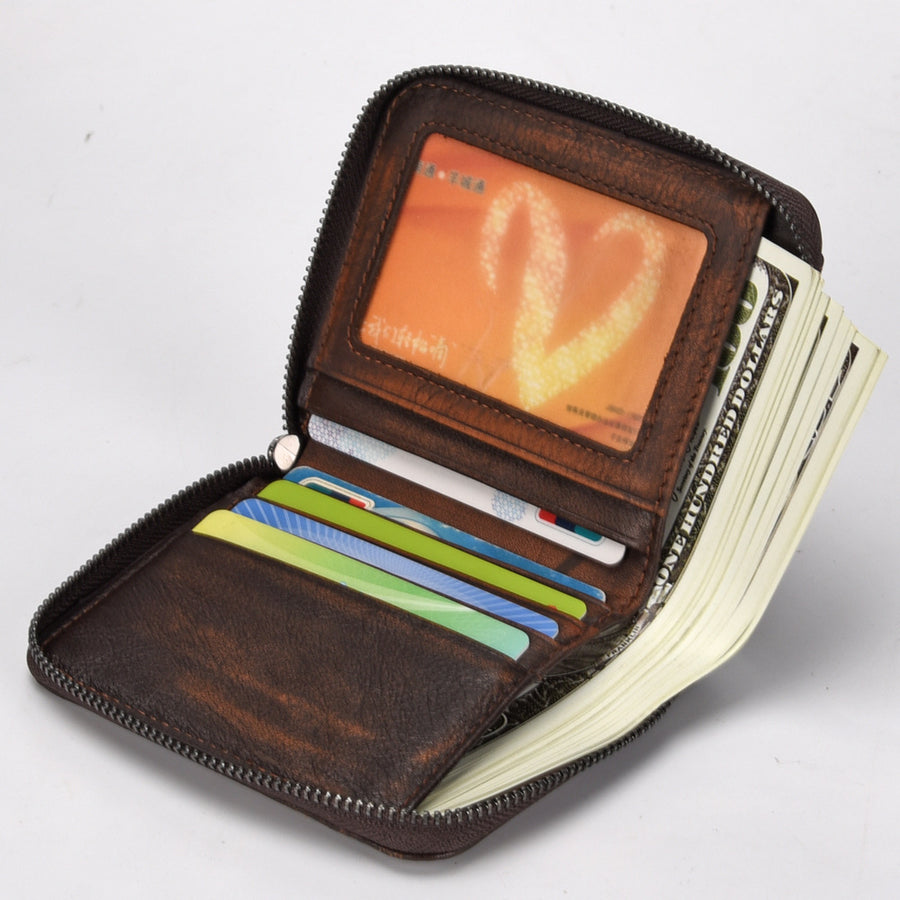 Men'S Short Head Leather Wallet Men'S Retro Wallet Vertical Zipper Leisure Youth