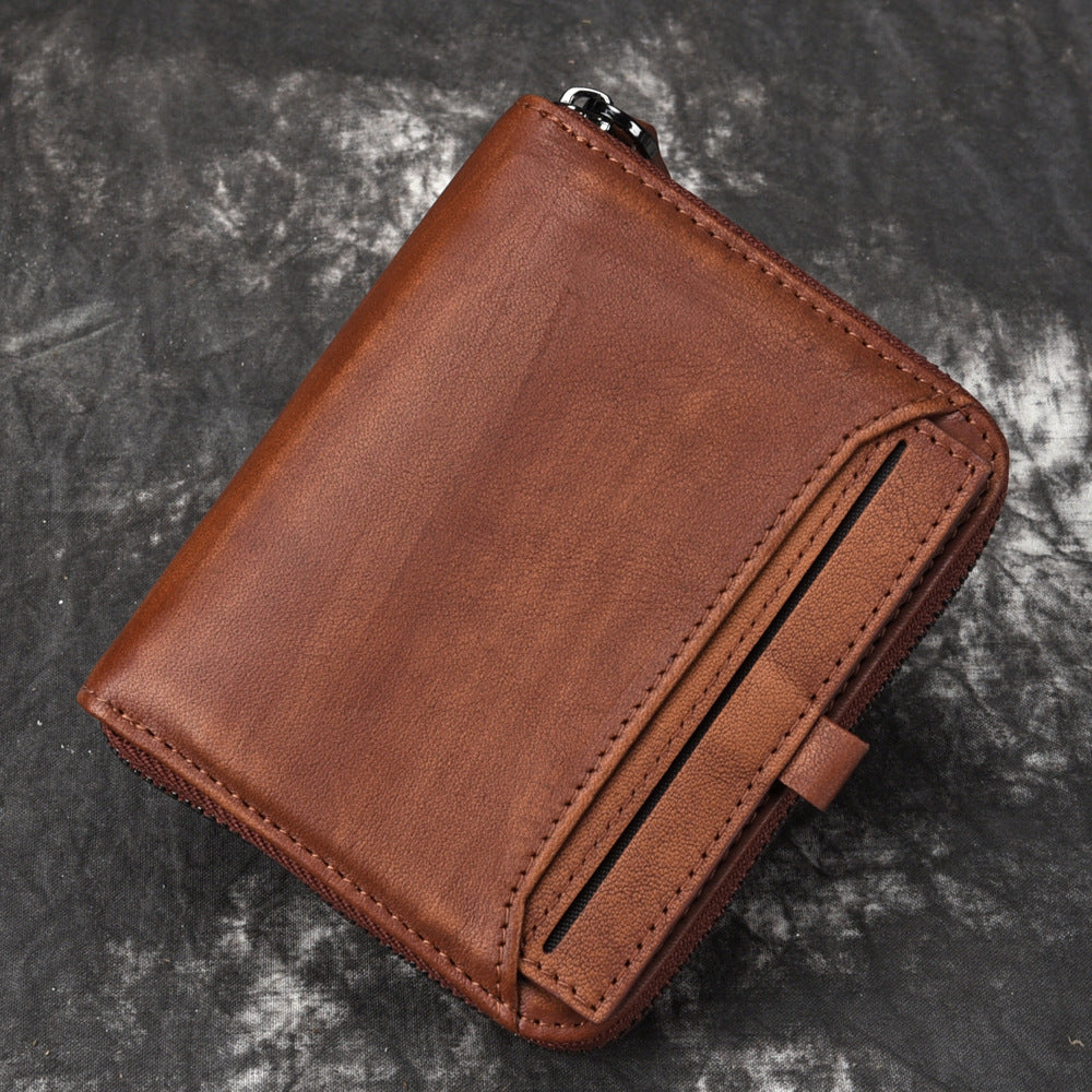 Men'S Short Head Leather Wallet Men'S Retro Wallet Vertical Zipper Leisure Youth