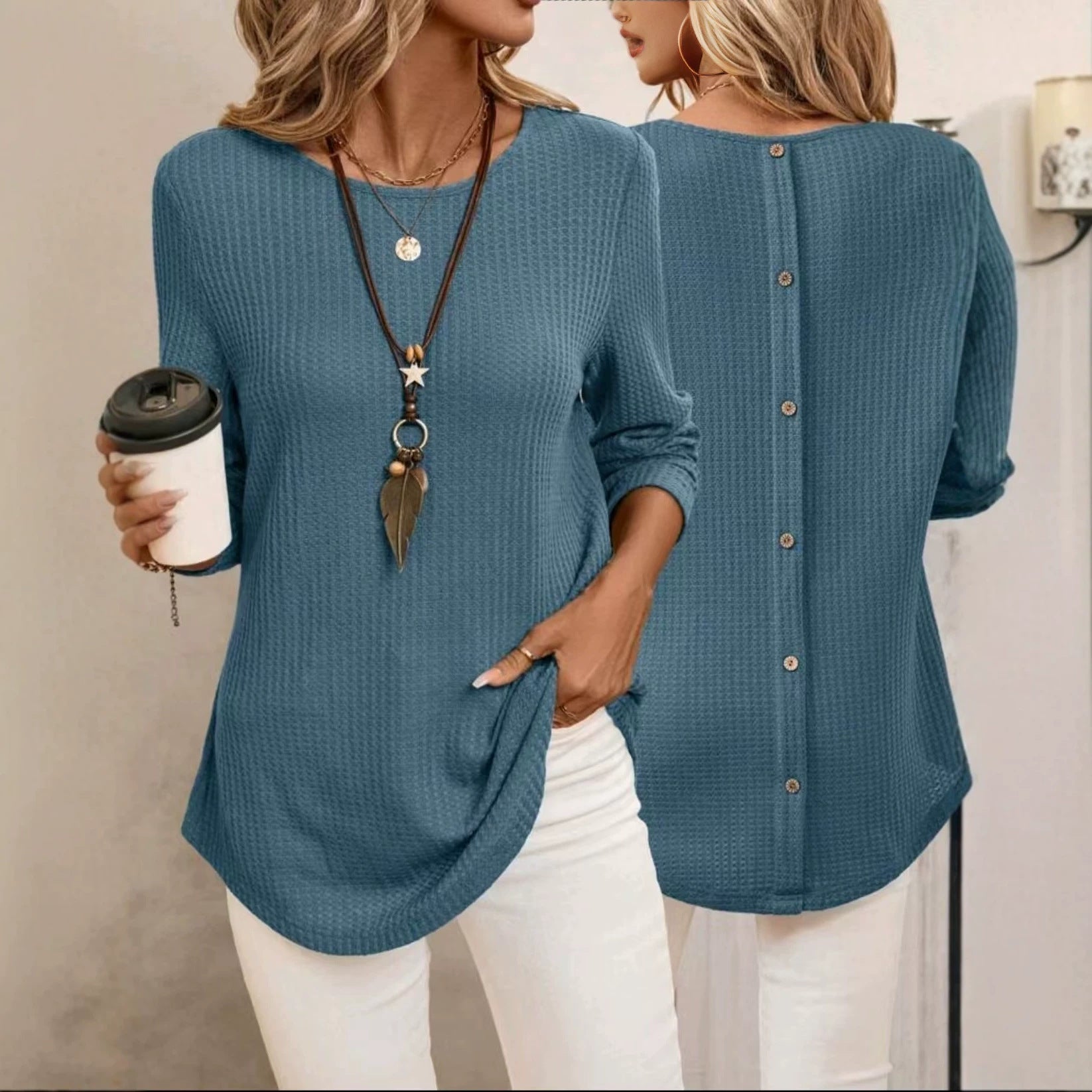 Womens Waffle-Knit Crew-Neck Knitted Long-Sleeve Top With Back Buttons