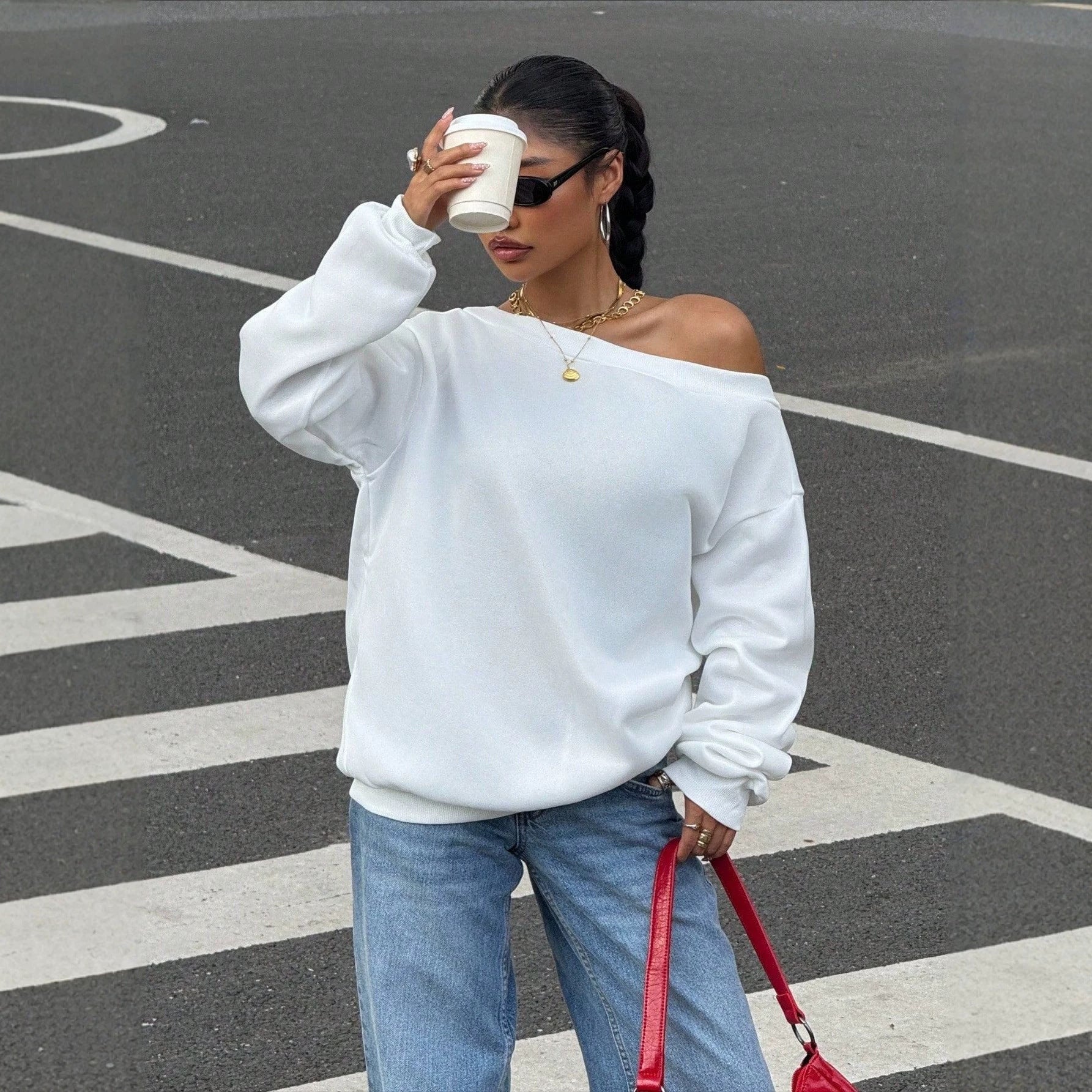 New Fallwinter Solid-color Loose-fit Off-shoulder Pullover
