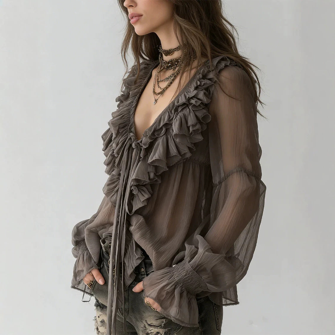 Gray-Brown V-Neck Multi-Layer Ruffled Lace-Up Long-Sleeve Blouse For Women