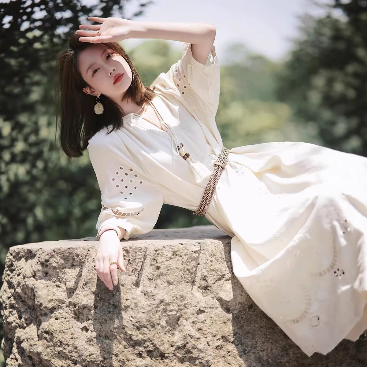 Skirt Ethnic Controversy Bohemian Long French-style Hollow-out V-neck Dress