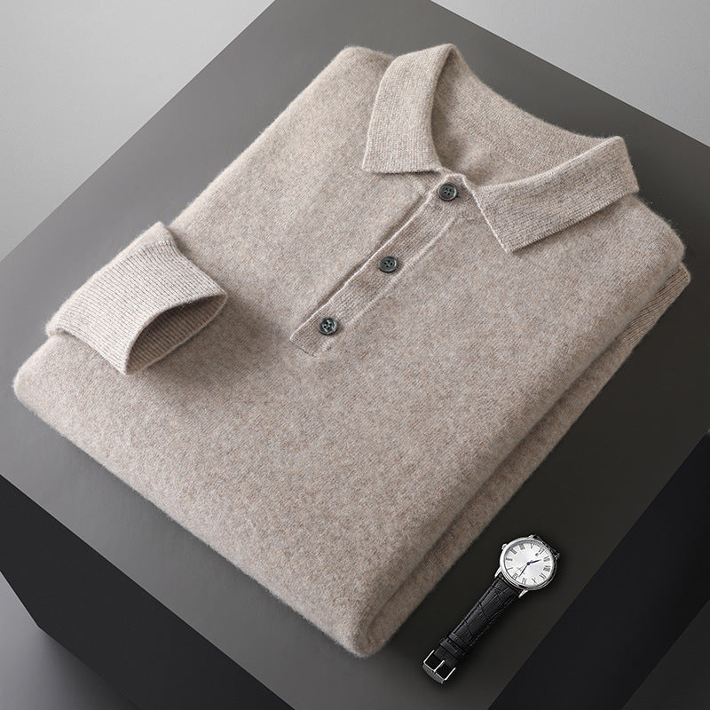 Mens Solid-color Long-sleeve All-wool Polo-neck Sweater