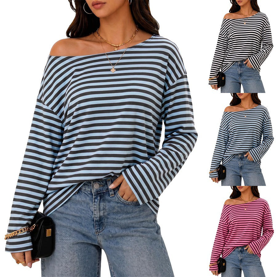 Round Neck Striped Contrast Color Long Sleeves