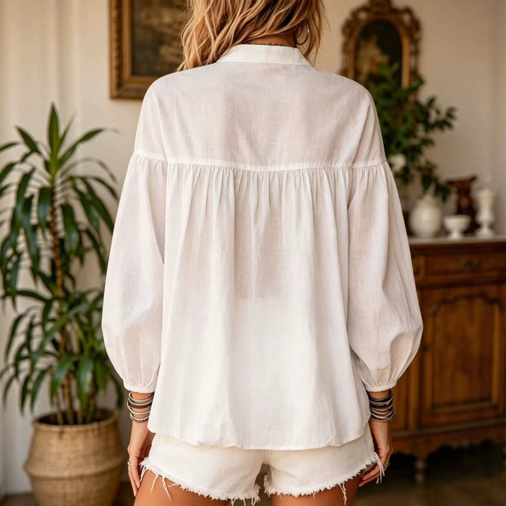 Bow-tie-laced Loose-fit Puff-sleeve Stand-collar Blouse