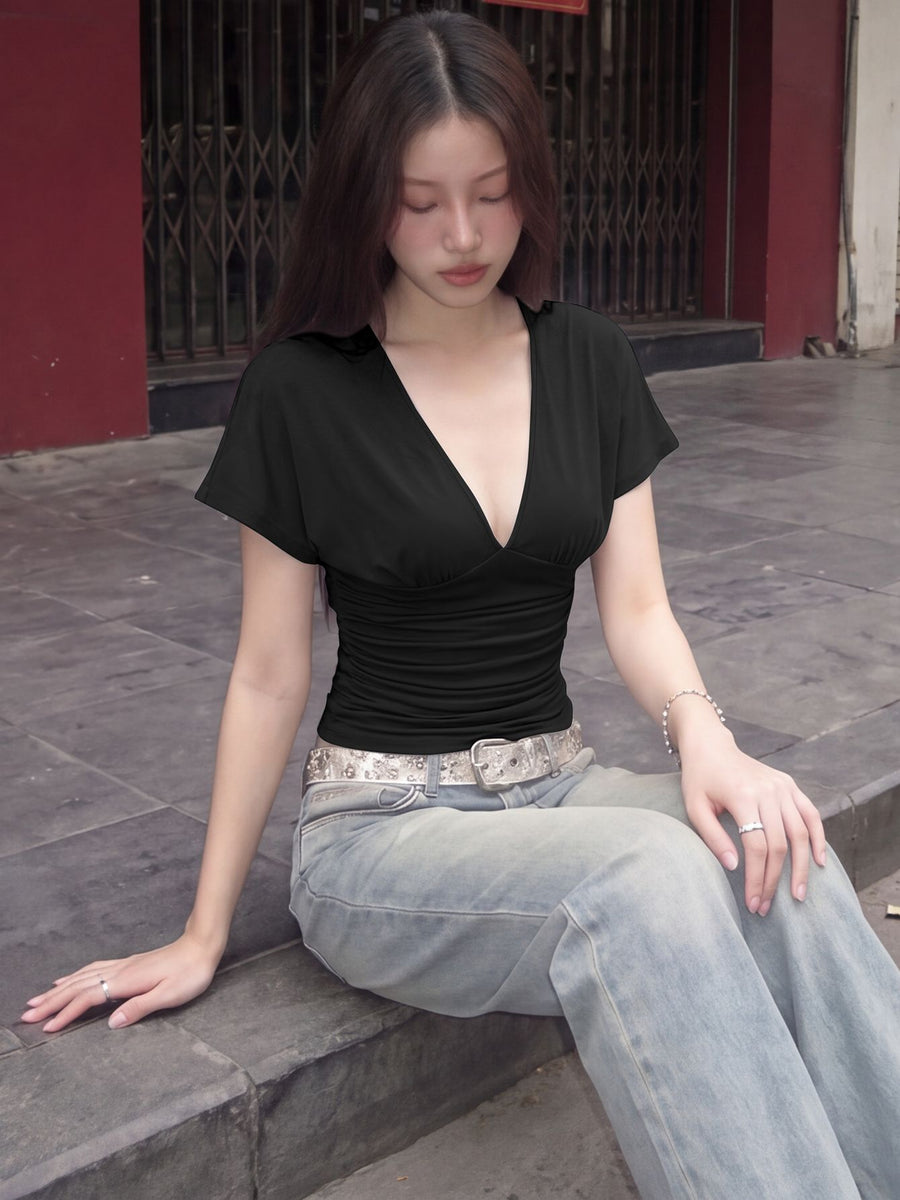 French-style V-neck Pleated Waist-cinching Figure-flattering Short Sleeve