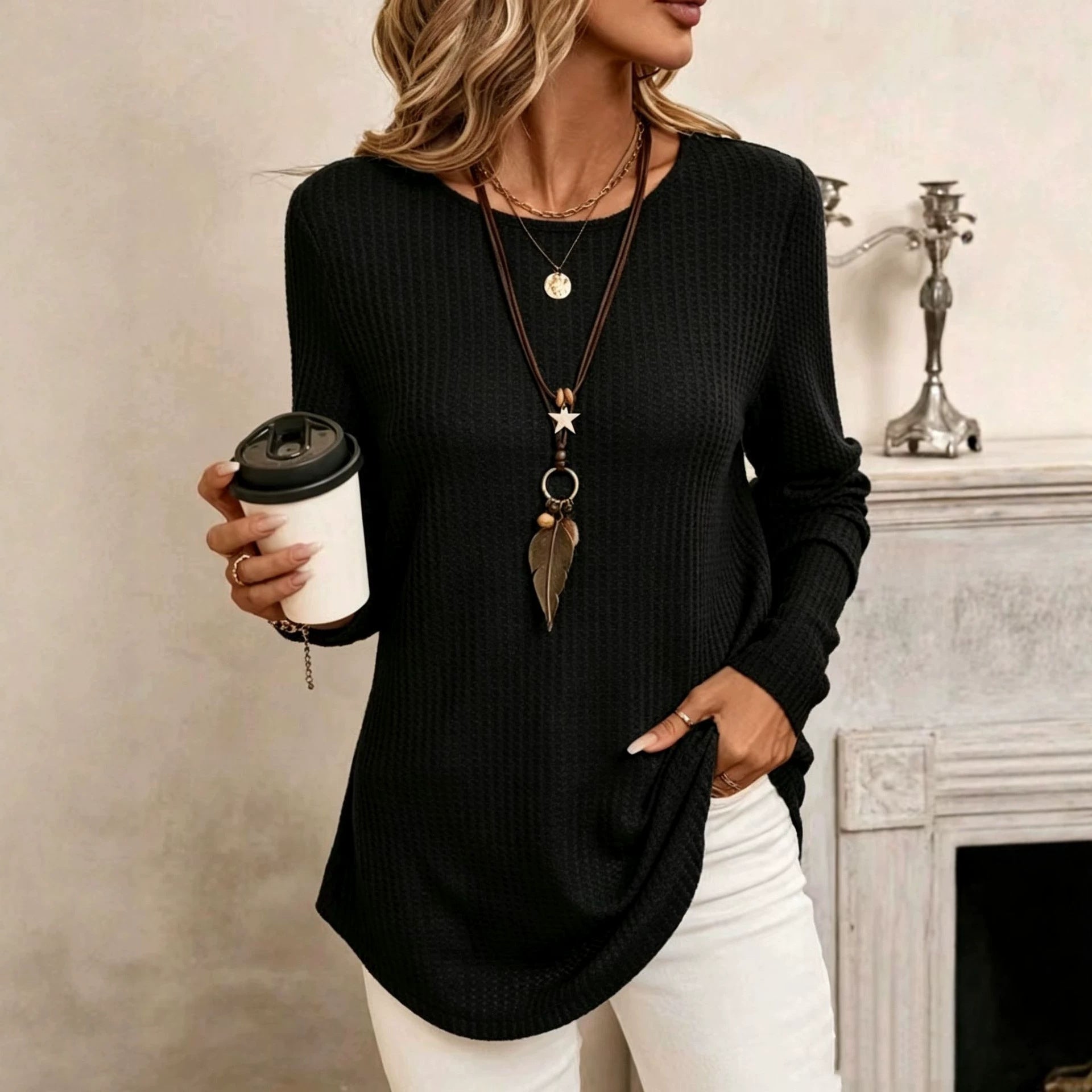 Womens Waffle-Knit Crew-Neck Knitted Long-Sleeve Top With Back Buttons