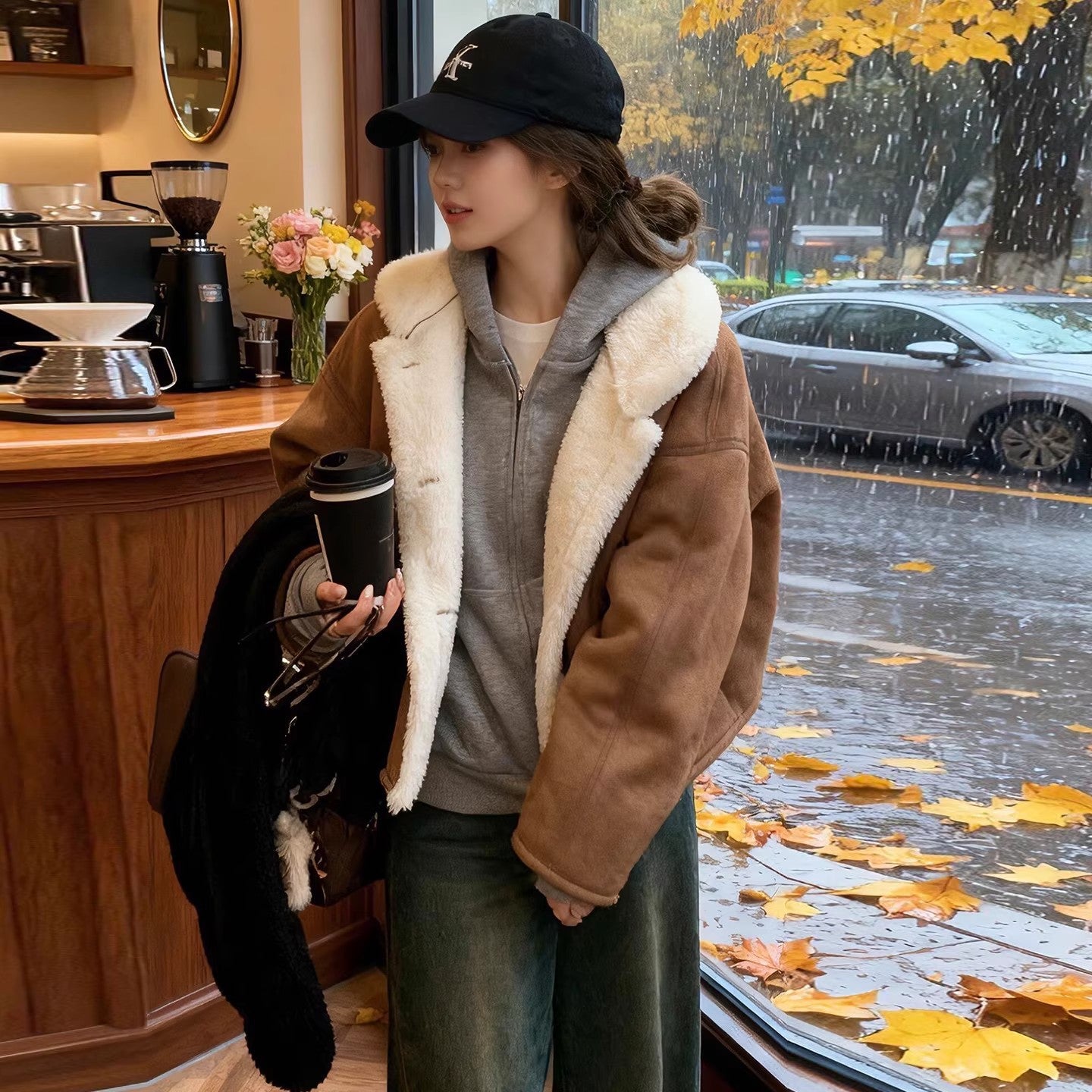Winter Loose-fitting Versatile Fleece-lined Thickened And Warm Leather-and-fur Piece