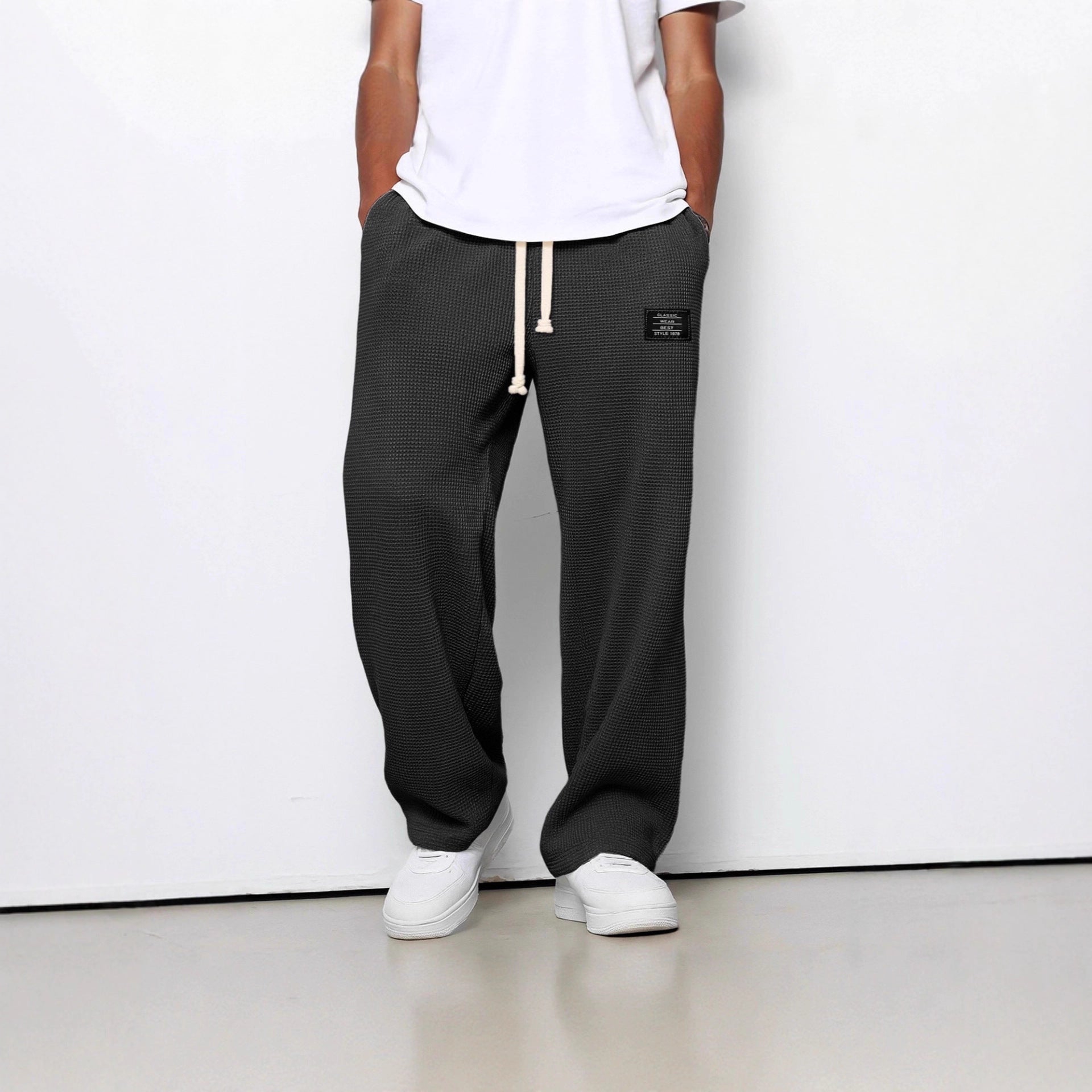 Waffle Straight Pants Fashion Brand Loose Loose Drawstring Pockets Trousers Casual Men's Clothing