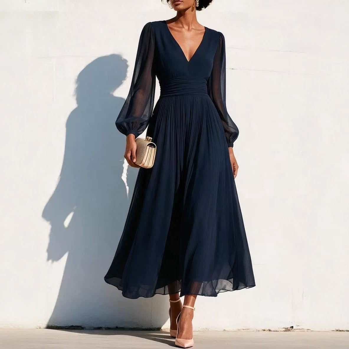 Fitted-waist Figure-flattering Pleated Dress