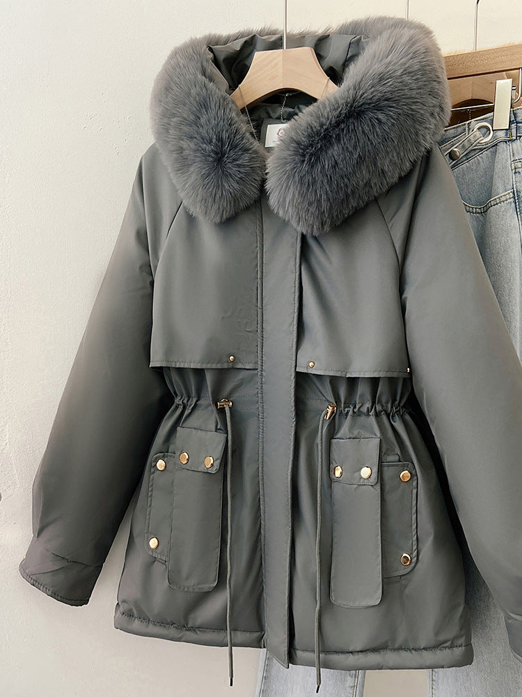 Womens Solid-Colored Loose Cotton Padded Coat With A Large Furry Collar