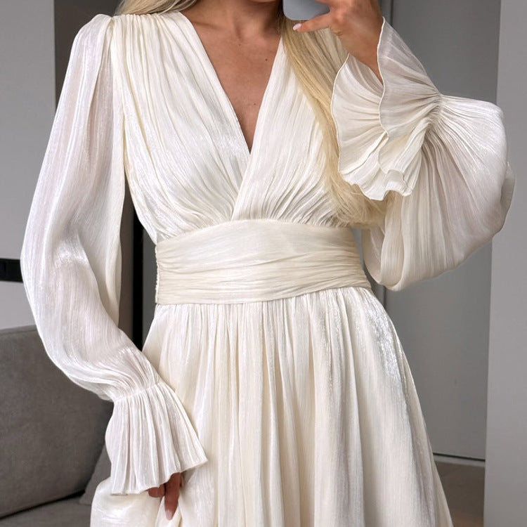 V-neck Lantern-sleeve High-waisted A-line Dress