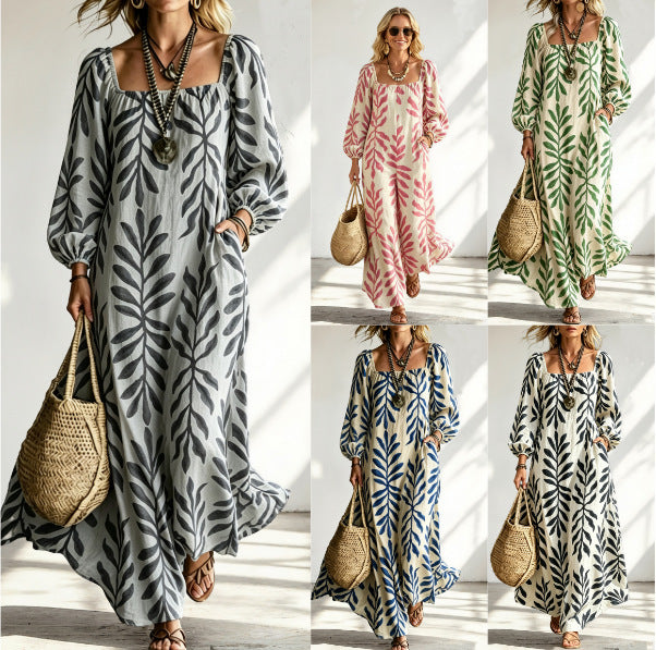 Printed Long-Sleeve U-Neck Pocket Dress For Women