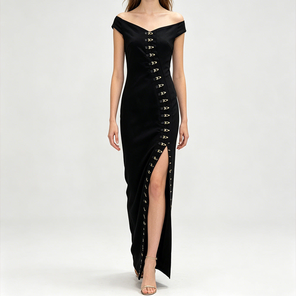 Metal Button-front Slit-fit Dress