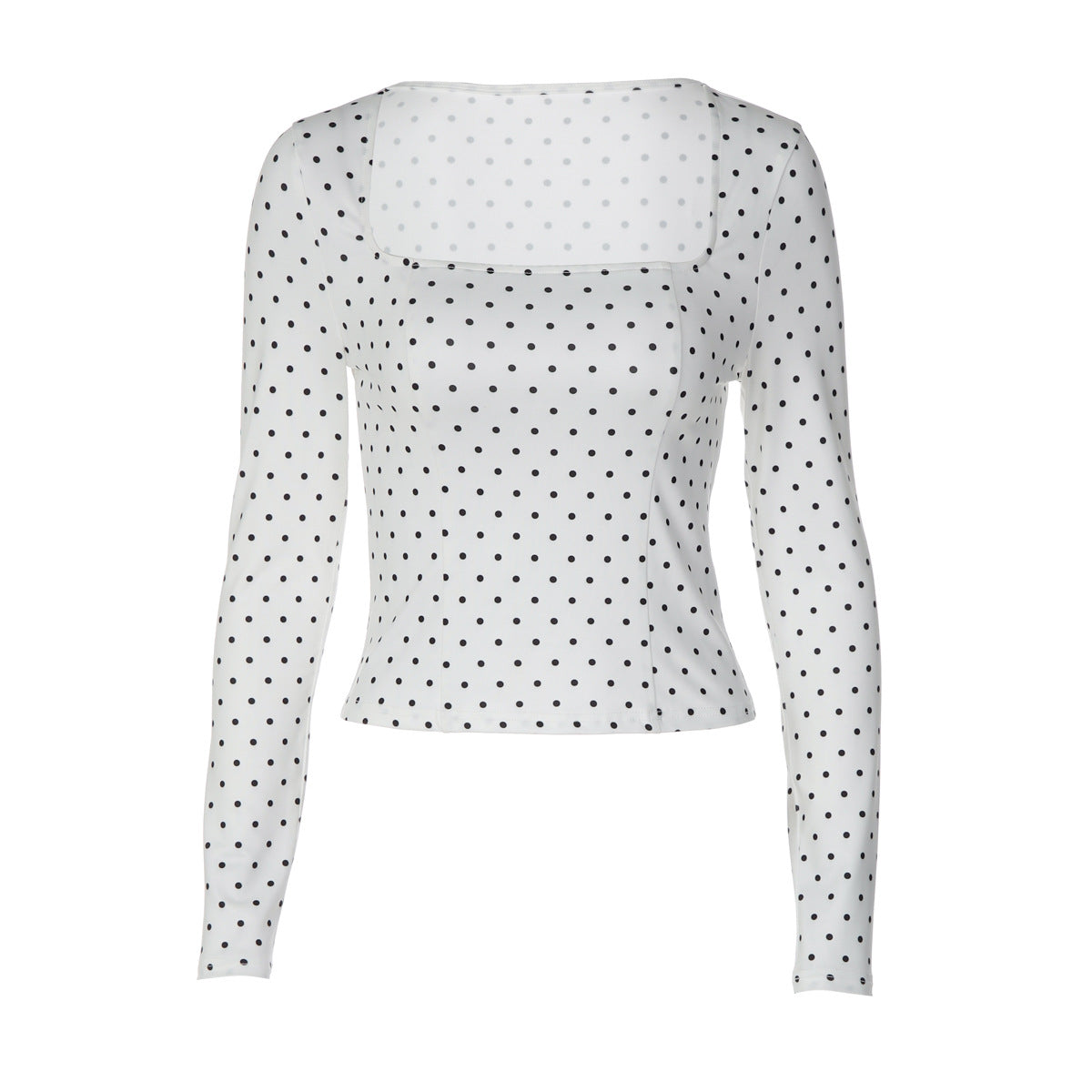 Polka-dot Square-neckline Waist-defined Long-sleeve Top For Women