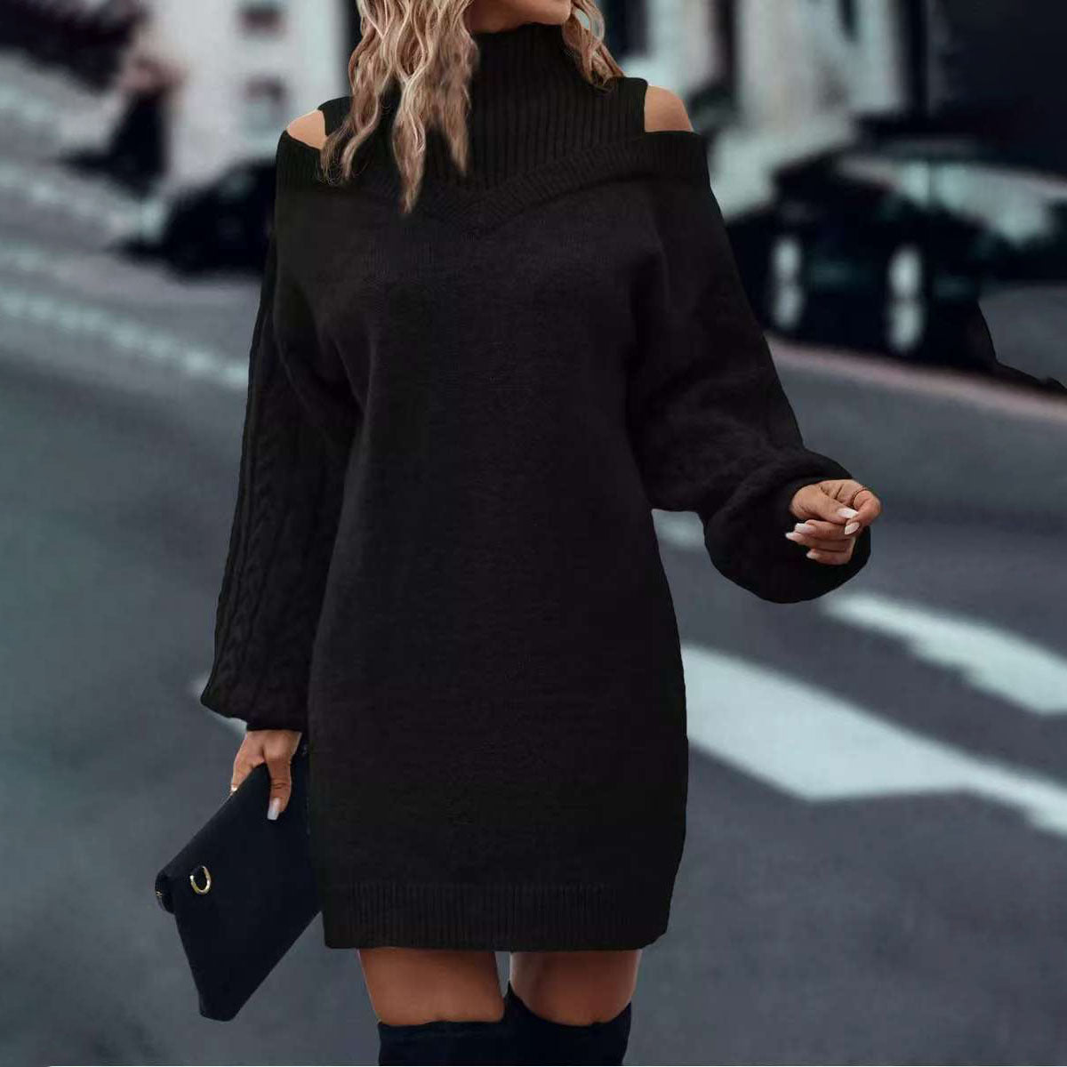 Off-shoulder Womens Pullover Mock Turtleneck Puff-sleeve Knit Sweater For Women