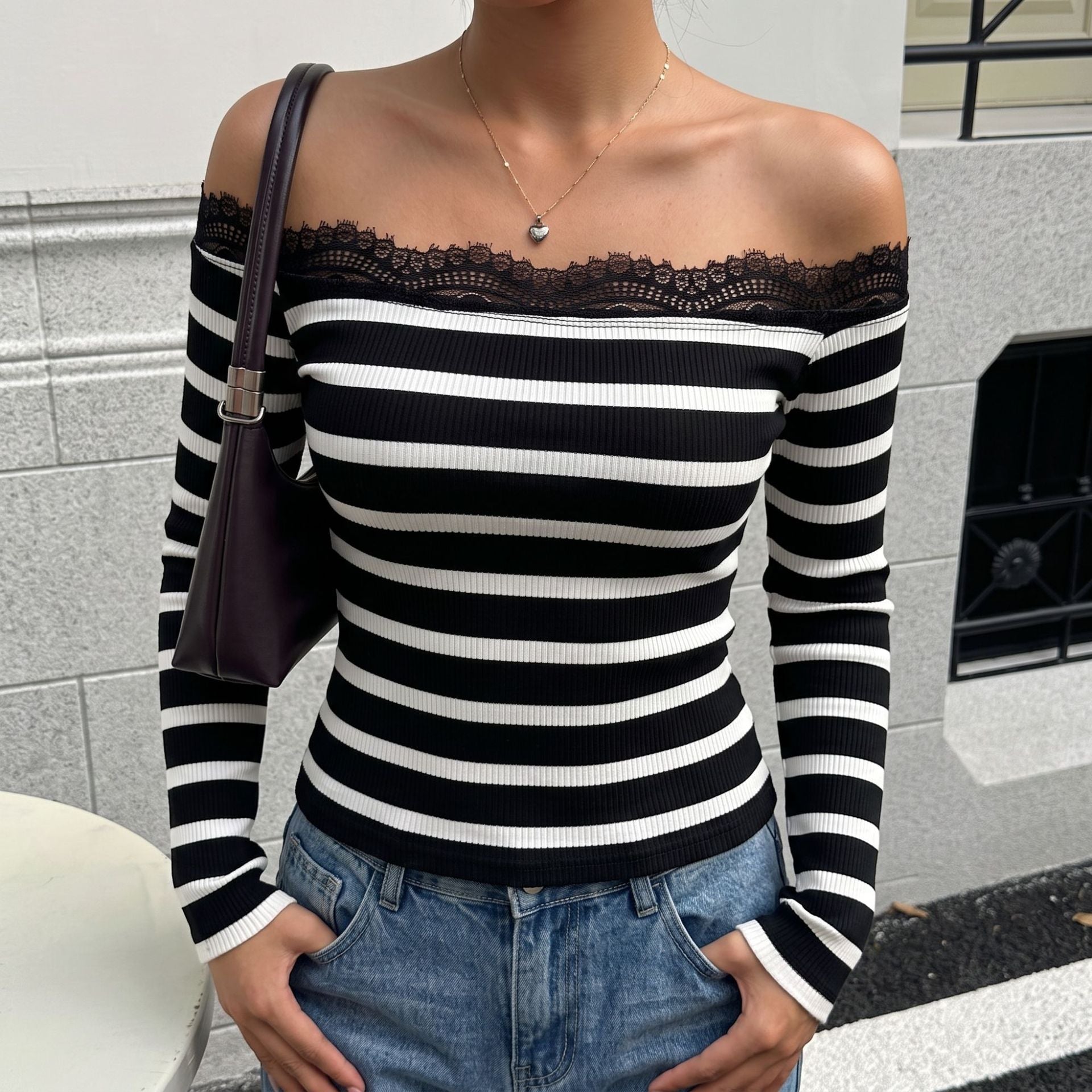 Off-shoulder Striped Lace Boat-neck T-shirt For Women