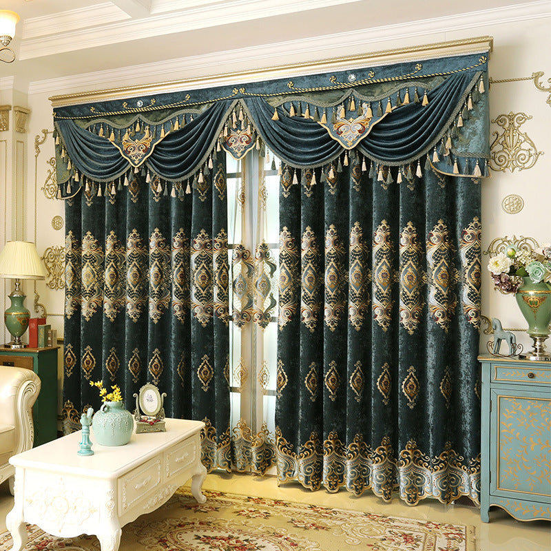 Blue Chenille Embroidered Curtains for Living Room Bedroom