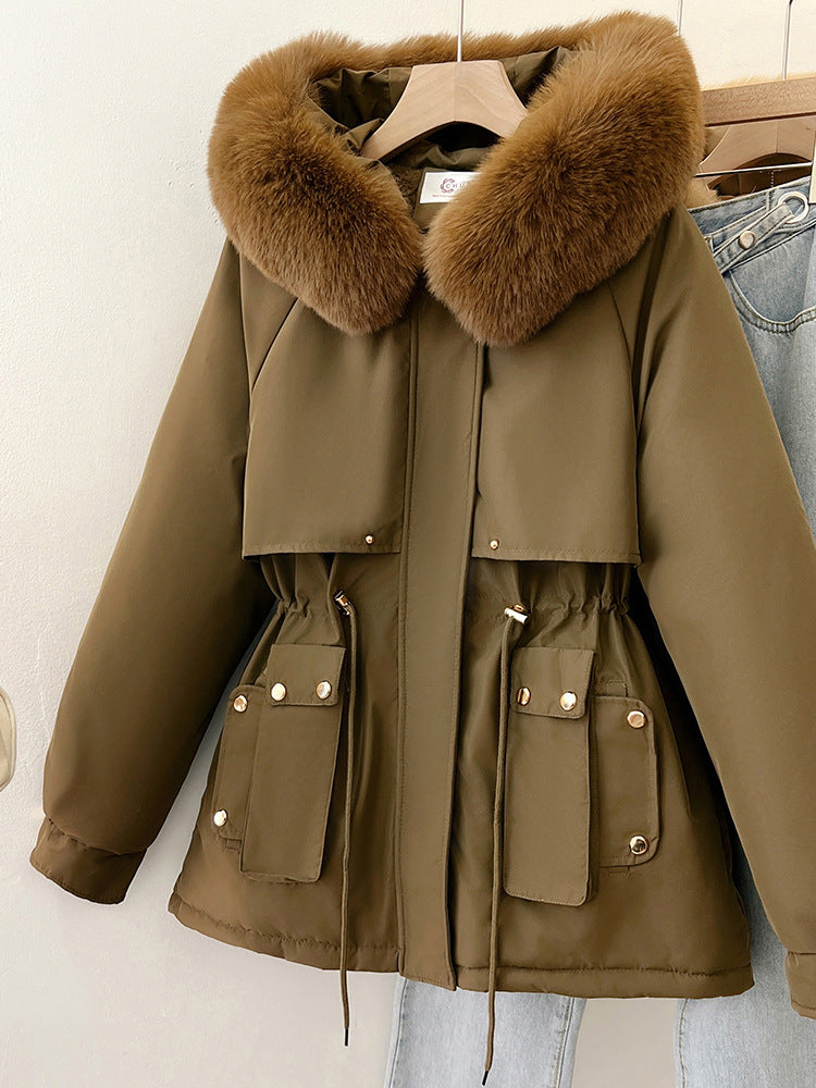 Womens Solid-Colored Loose Cotton Padded Coat With A Large Furry Collar
