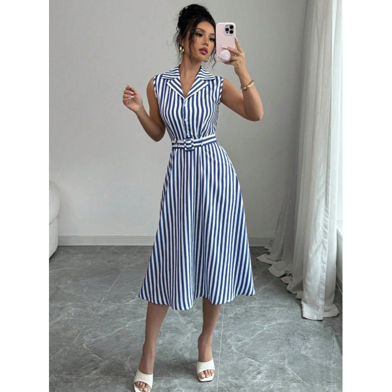 Womens Striped Waist-Cinching Elegant Dress