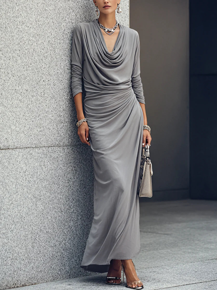 Women's Draped Boat-neck Long-sleeve Dress