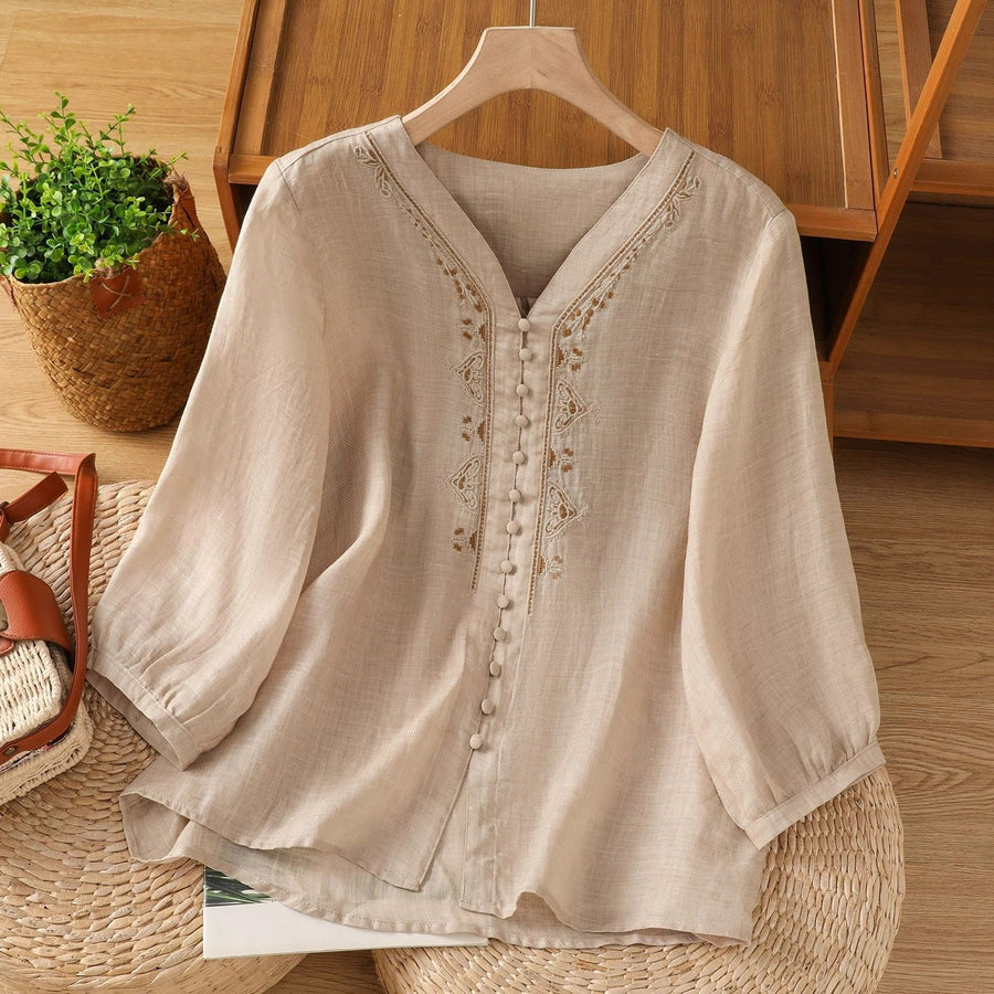 Literary Vintage Embroidered Design Half-sleeve Top