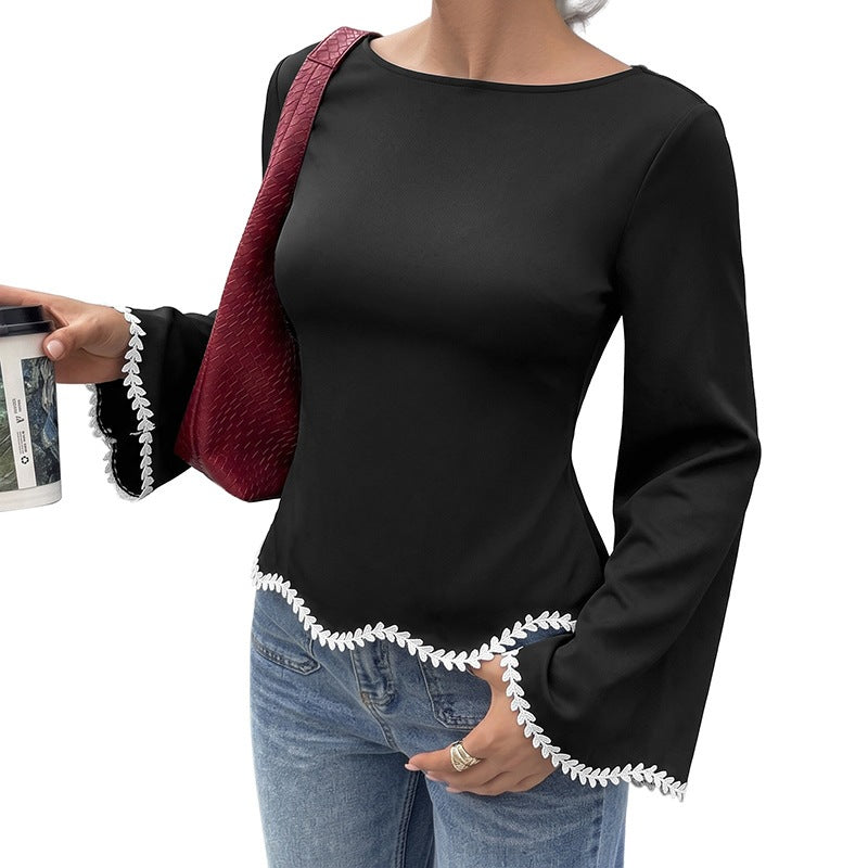 Lace-trimmed A-line Paneling Floral-edge Long-sleeve Blouse For Women