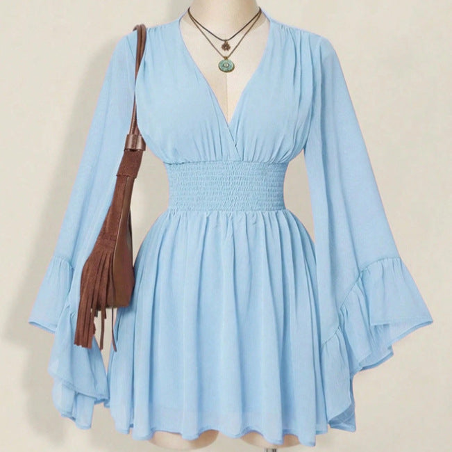 Womens Solid-Color Fashionable V-Neck Waist-Cinching Dress