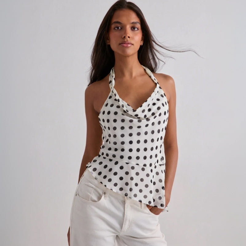Womens Halter-Neck Strappy Backless Polka-Dot Printed Camisole