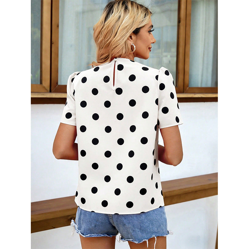 Womens Short-sleeve Top Polka-dot Mock Neck Elegant
