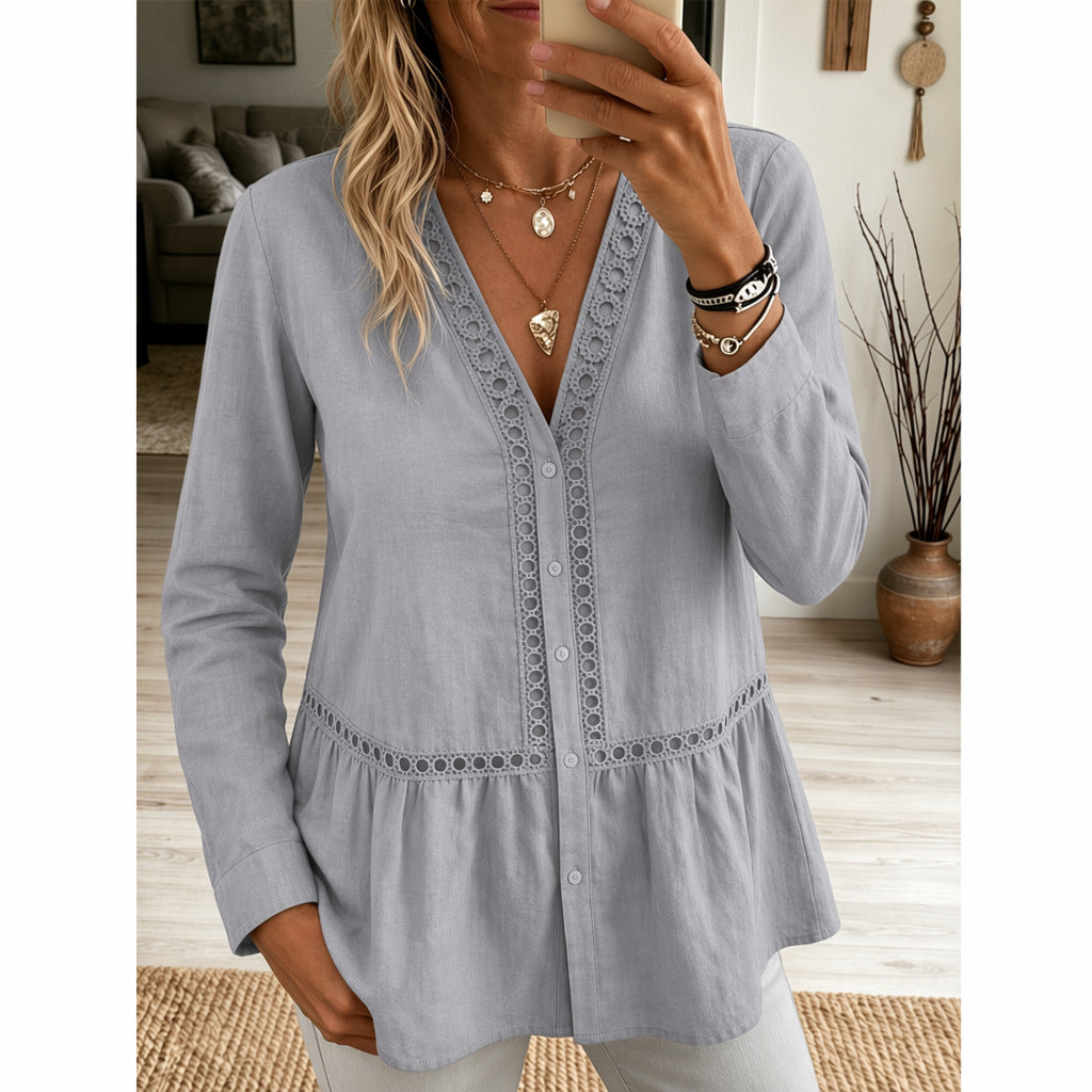 Womens Casual Solid-Color Lace-Patchwork Long-Sleeve Shirt