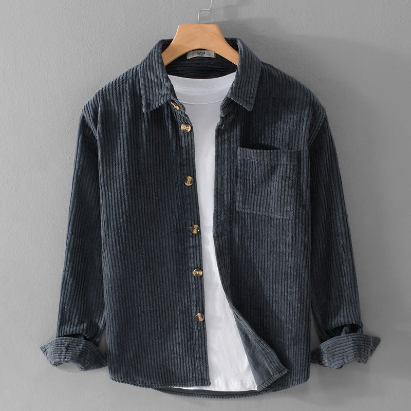Winter Corduroy Shirt With Pocket Fashion Lapel Button Long Sleeve Top Men's Clothing