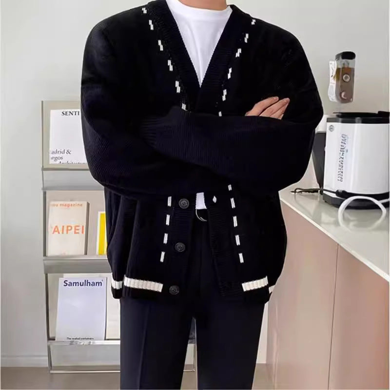 Mens Long-sleeve Cardigan Knit Sweater with V-neck