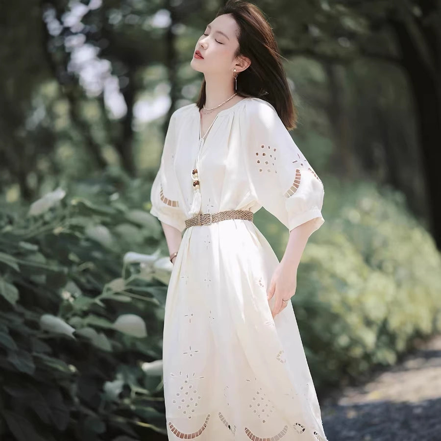 Skirt Ethnic Controversy Bohemian Long French-style Hollow-out V-neck Dress