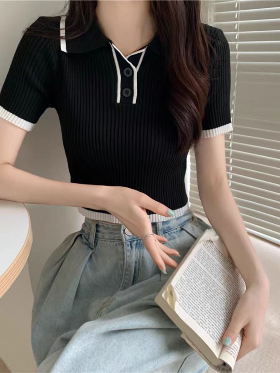 Color-block Polo-neck Short-sleeve Lightweight Knit Top