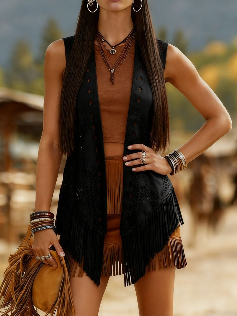 Womens Fashionable Retro Hollowed-out Tassel All-match Vest
