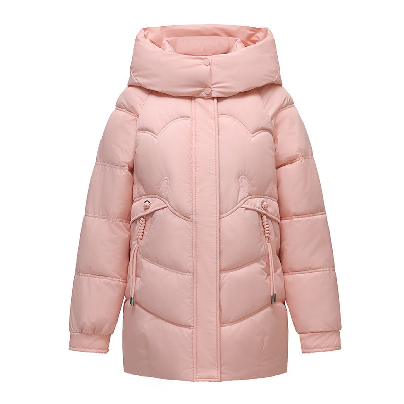 Womens New Solid-Color Mid-Length Puffer Jacket With Hood