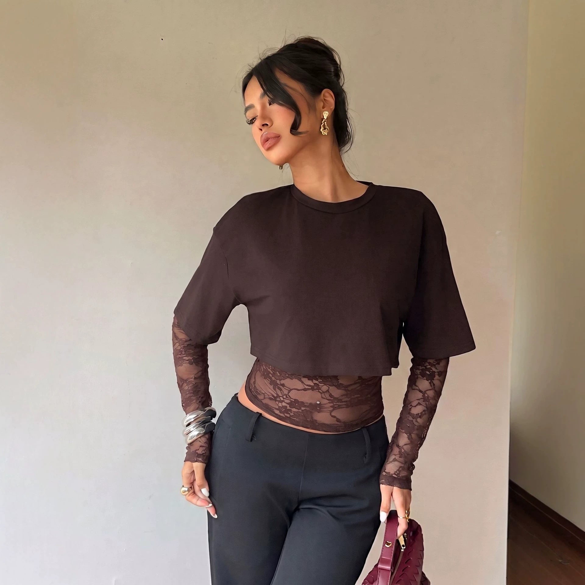 Autumn New Lace Splicing Waist Top