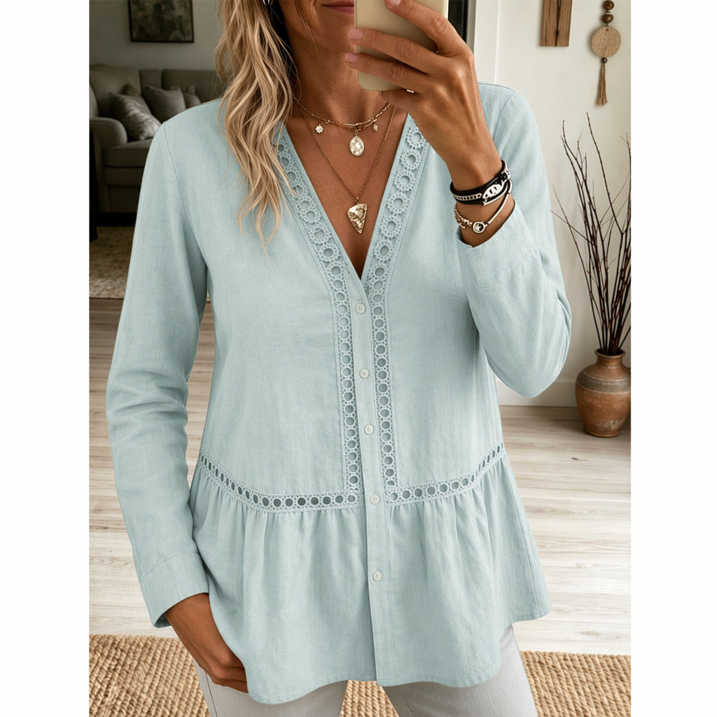 Womens Casual Solid-Color Lace-Patchwork Long-Sleeve Shirt