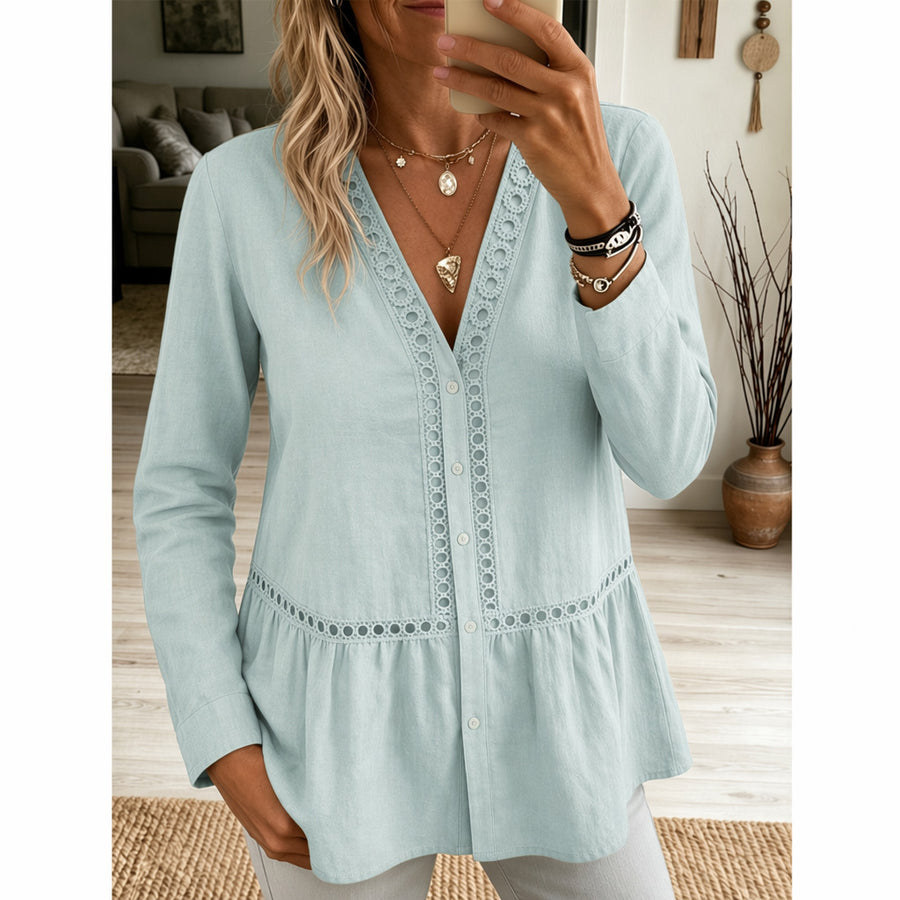 Womens Casual Solid-Color Lace-Patchwork Long-Sleeve Shirt