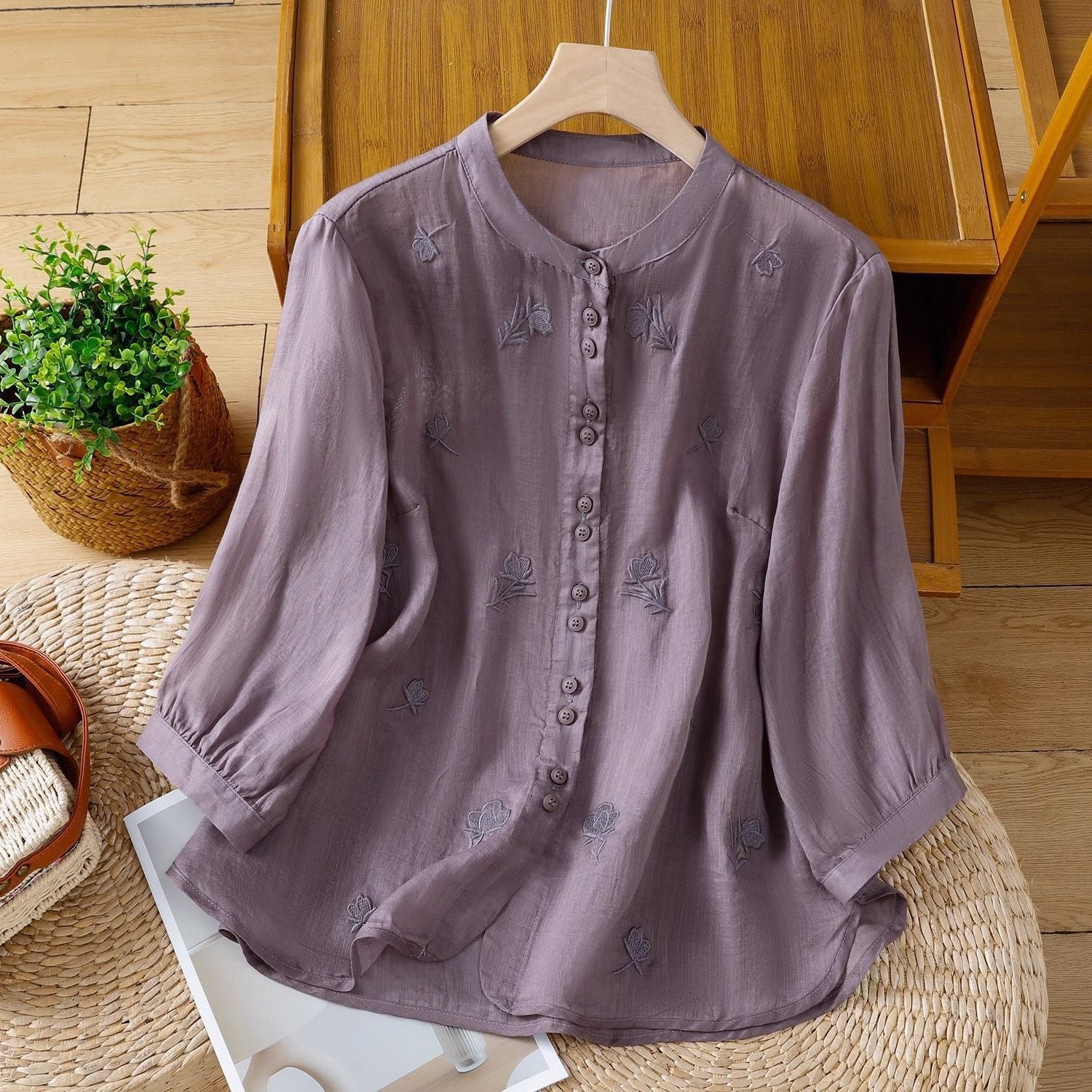 Stand-collar Retro Loose-fit Embroidered Blouse For Women