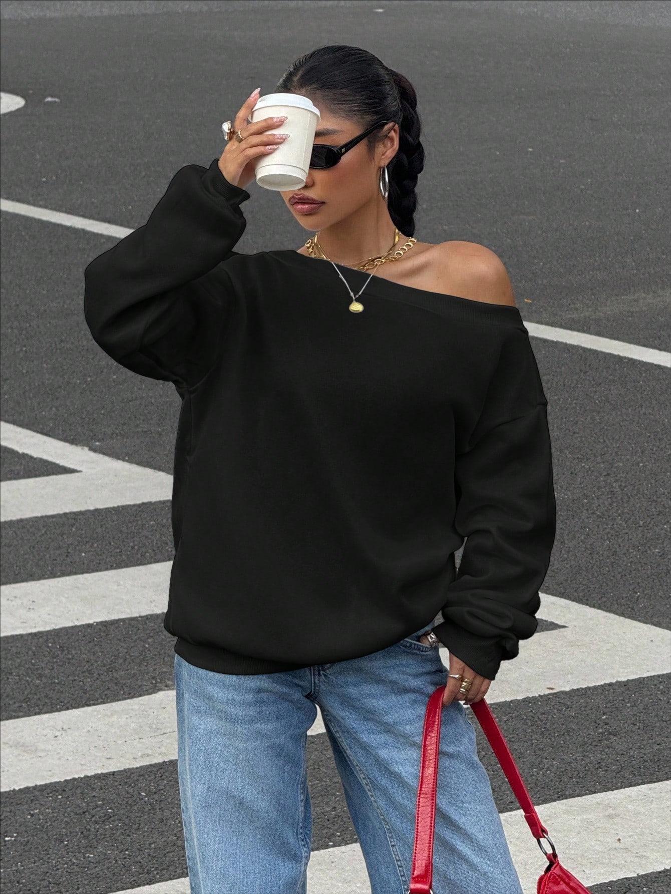 New Fallwinter Solid-color Loose-fit Off-shoulder Pullover