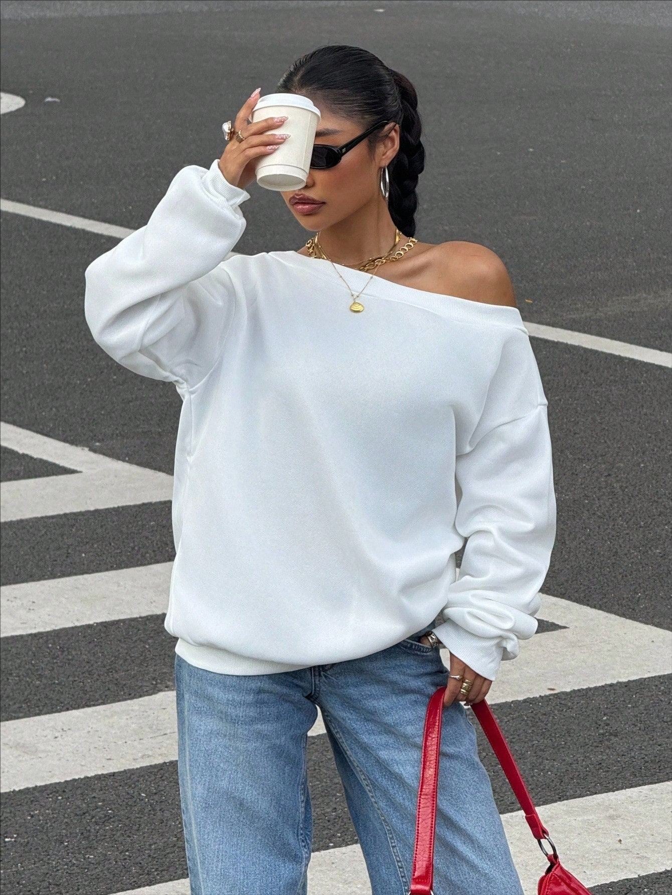New Fallwinter Solid-color Loose-fit Off-shoulder Pullover