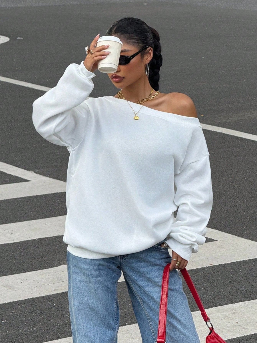 New Fallwinter Solid-color Loose-fit Off-shoulder Pullover