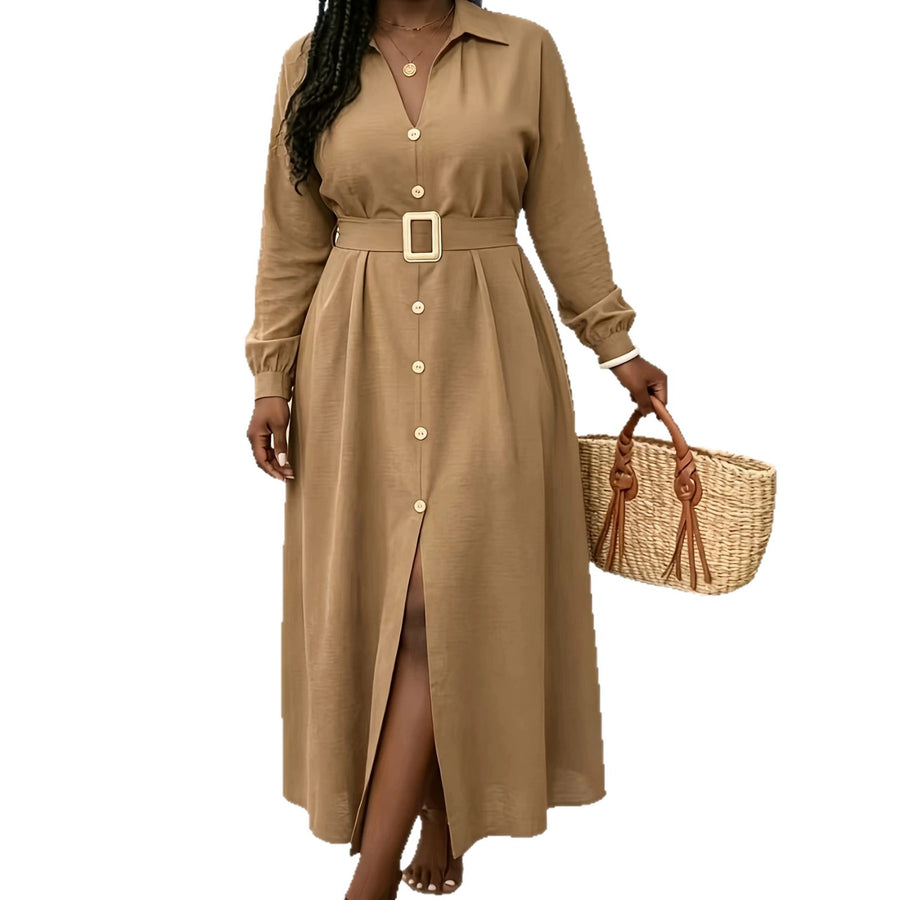 Waist-cinching Figure-flattering V-neck Long-sleeve Dress For Women